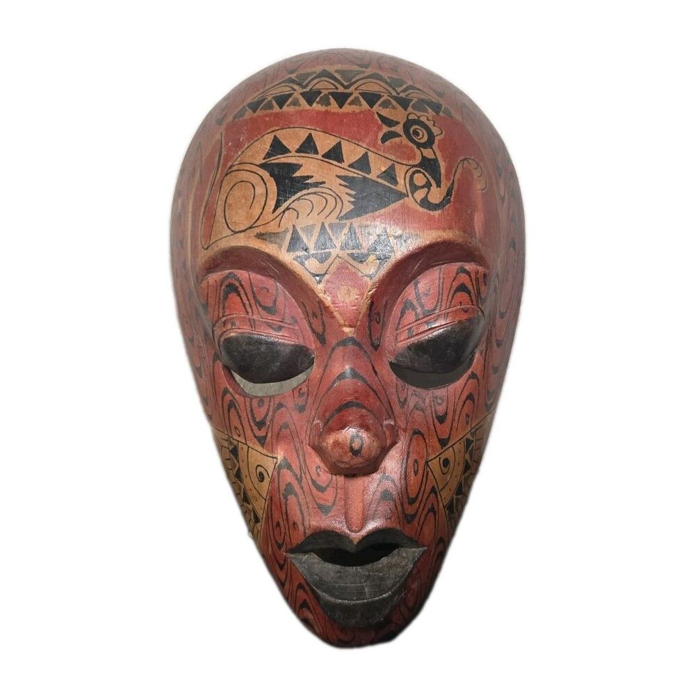 Vintage Hand Carved Painted wood Wall Hanging Mask 6" x 10"